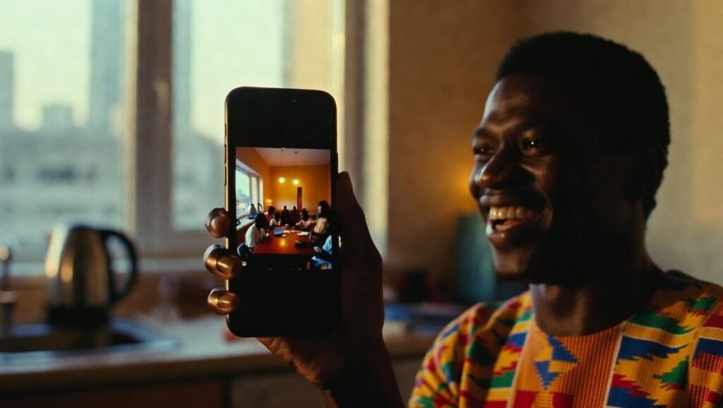 Ghanaian diaspora video call family home connection
