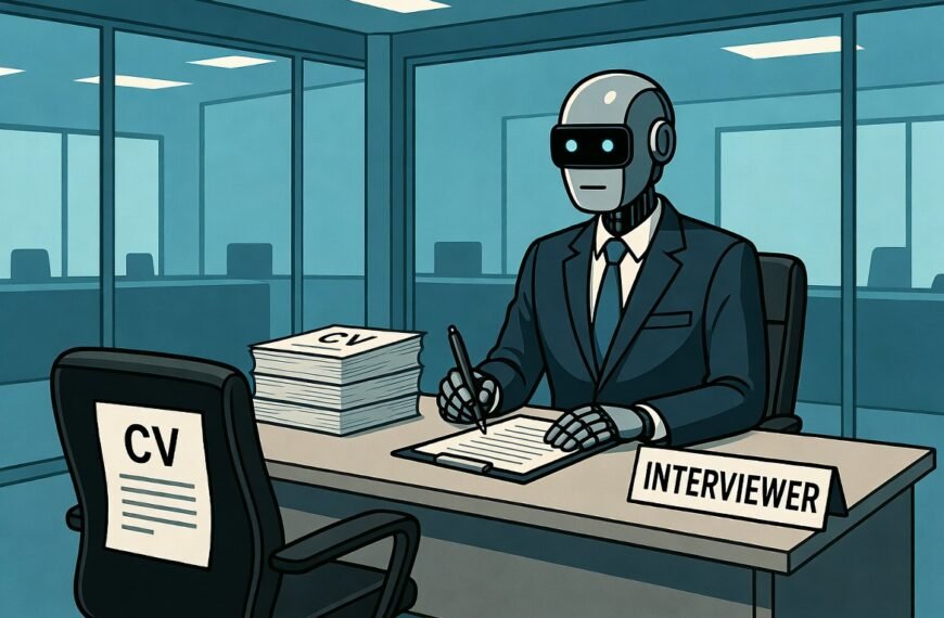 A robot or humanoid figure in a business suit sitting behind a large corporate desk in a sleek modern office. On the desk a stack of CVs and a nameplate that reads INTERVIEWER. The robot holds a pen and a clipboard. Its expression is neutral and evaluating. Opposite the desk an empty chair with a single CV on it. The office is pristine and cold — glass walls, blue corporate lighting, no warmth. The contrast between the cold algorithmic environment and the human document on the chair is the emotional centre of the image. Editorial illustration style. Bold flat colours. Satirical but not cartoonish. Aspect ratio 16:9.
