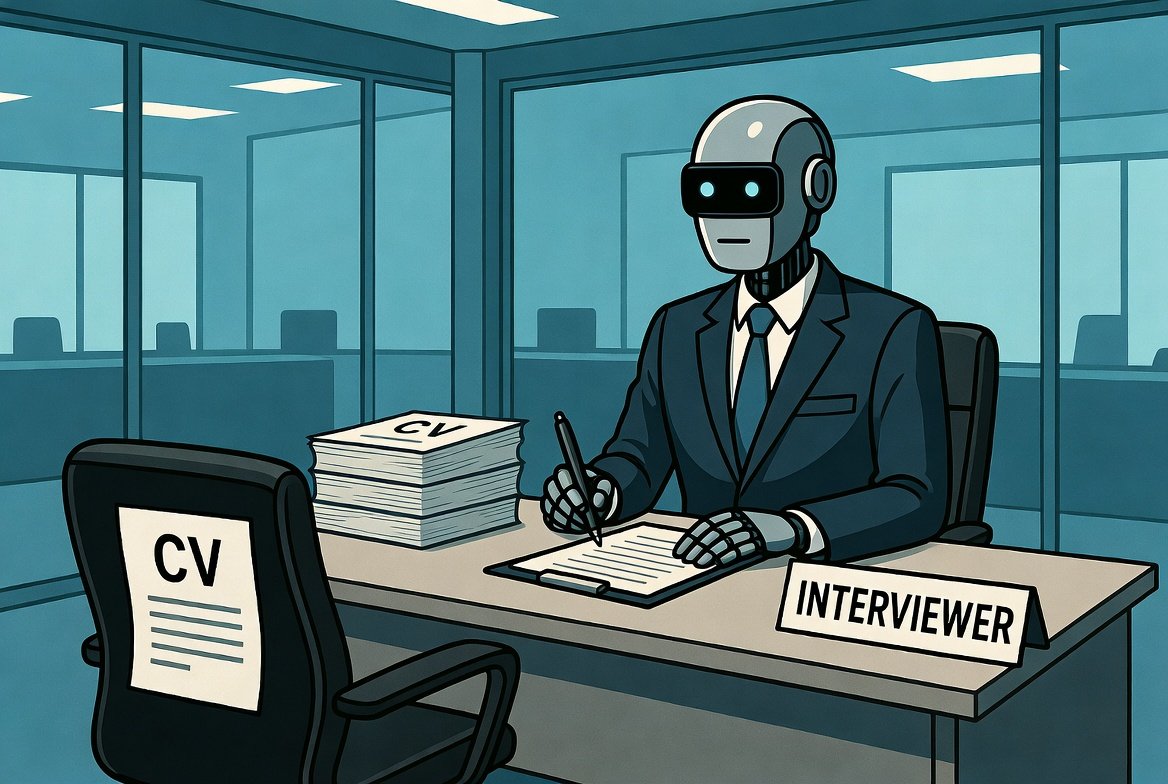 A robot or humanoid figure in a business suit sitting behind a large corporate desk in a sleek modern office. On the desk a stack of CVs and a nameplate that reads INTERVIEWER. The robot holds a pen and a clipboard. Its expression is neutral and evaluating. Opposite the desk an empty chair with a single CV on it. The office is pristine and cold — glass walls, blue corporate lighting, no warmth. The contrast between the cold algorithmic environment and the human document on the chair is the emotional centre of the image. Editorial illustration style. Bold flat colours. Satirical but not cartoonish. Aspect ratio 16:9.