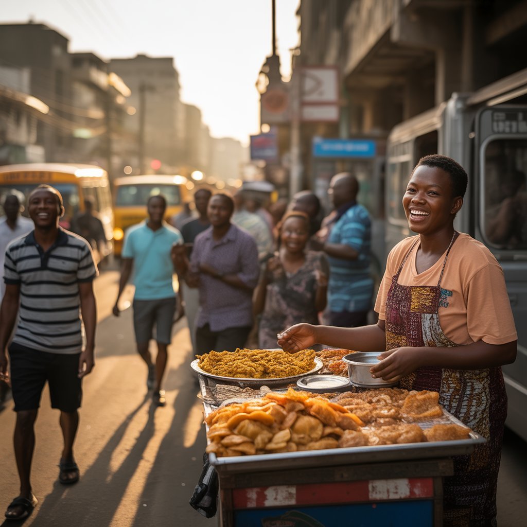  Ghanaian street life vendor golden hour