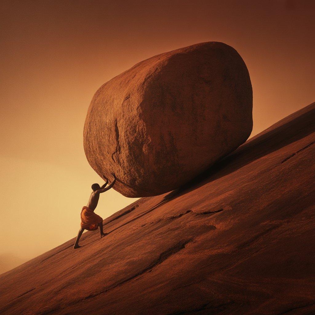 Ghana politics satire Sisyphus boulder hill