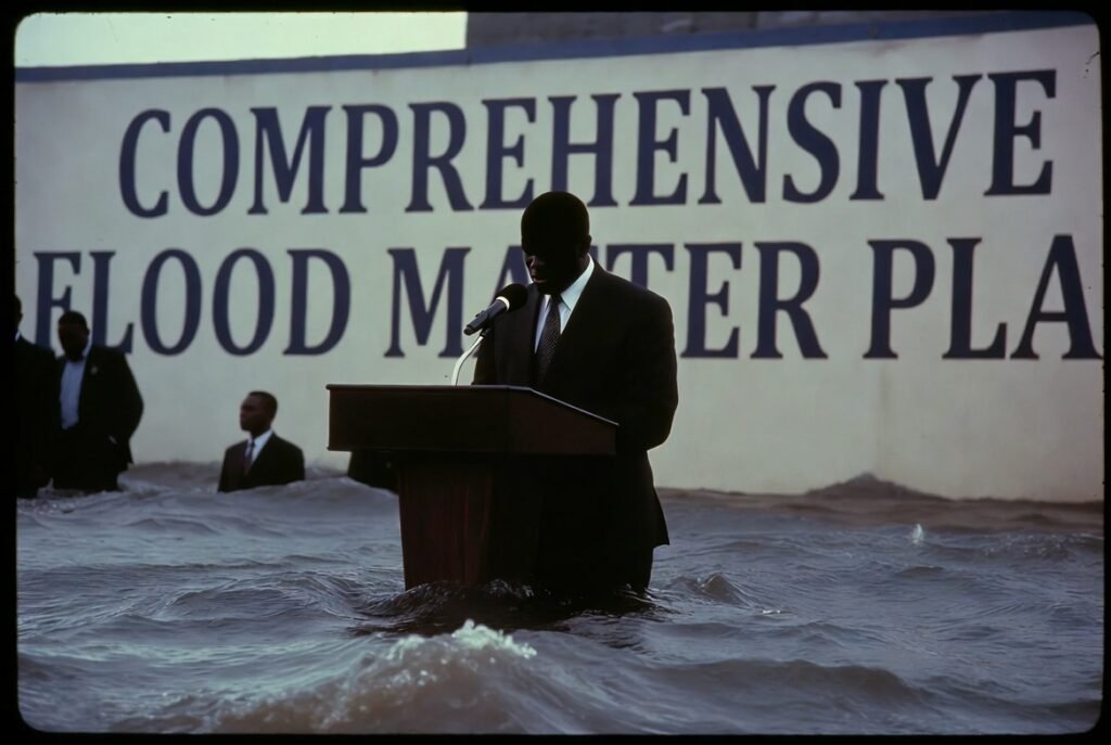 Politicians launching the flood masterplan Ghana satire