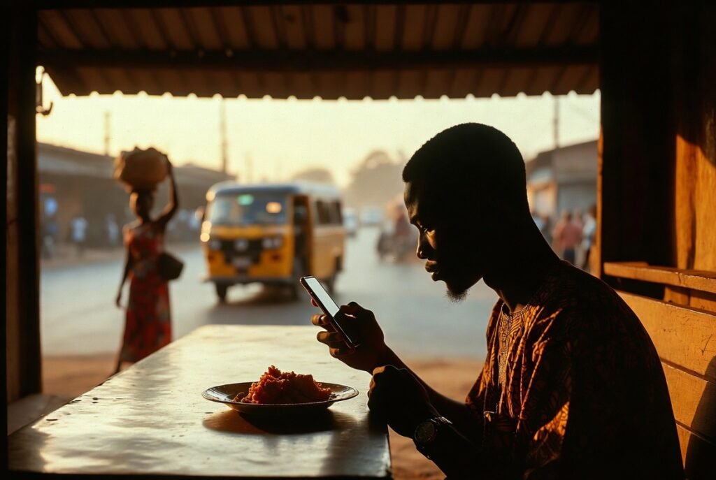 Ghanaian man reading Ghana AI strategy document on phone in Accra chop bar, phone battery low
