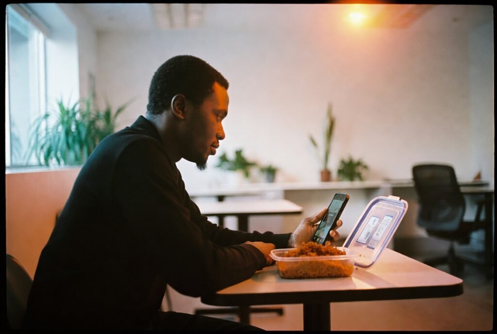 Ghanaian man in Atlanta office watching Ghana AI strategy launch on phone during lunch break