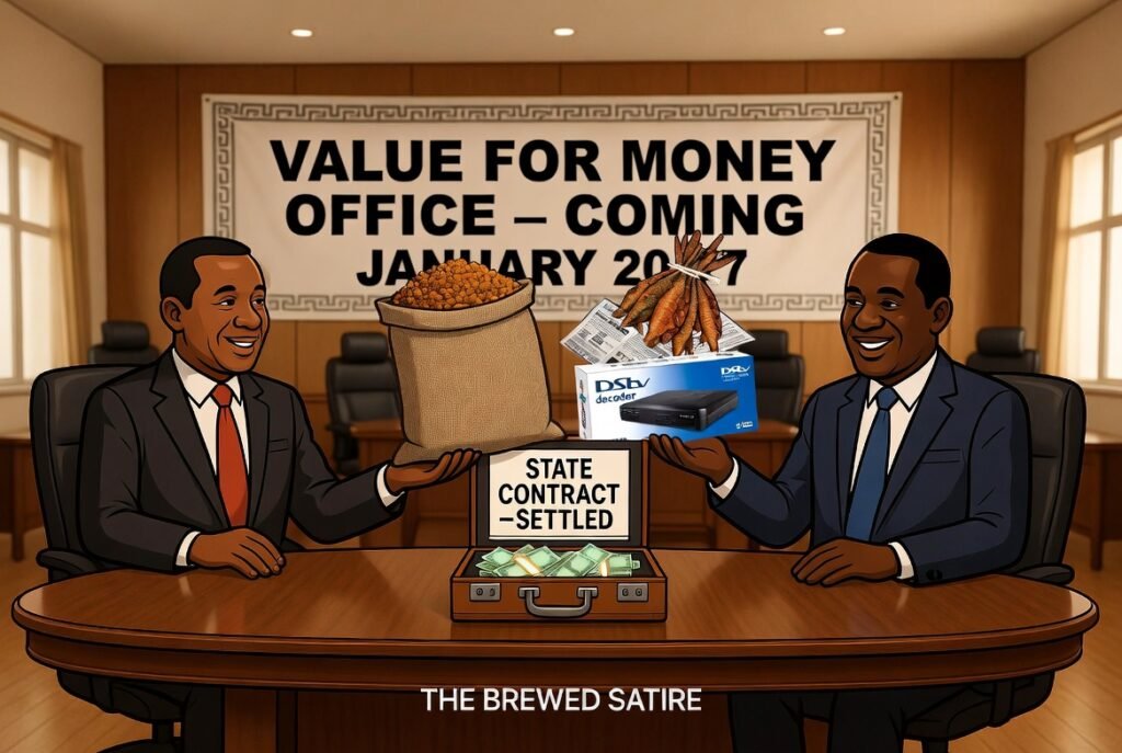 Ghana Value for Money Office satire — government contract paid in gari smoked fish and DSTV decoder at formal signing ceremony