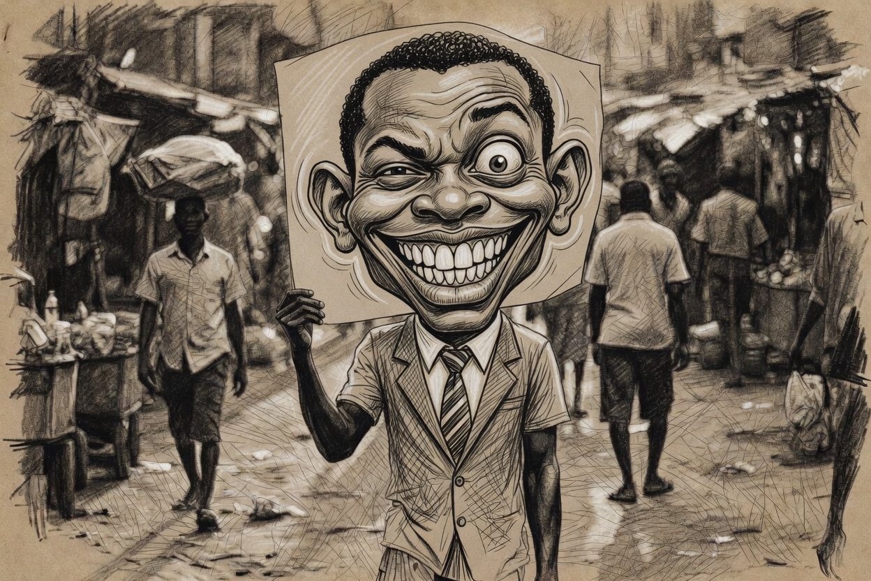 ghana satire freedom of speech — a Ghanaian figure holds a satirical cartoon drawing in central Accra