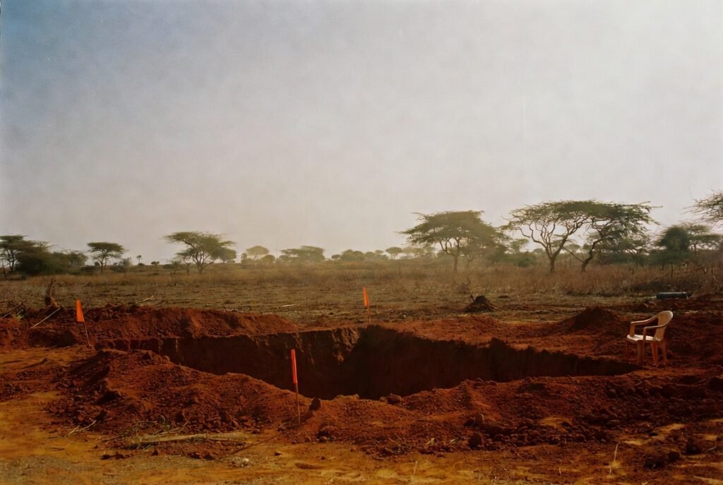 Ghana 24-hour economy sod cutting site empty red earth survey flags no construction northern Ghana