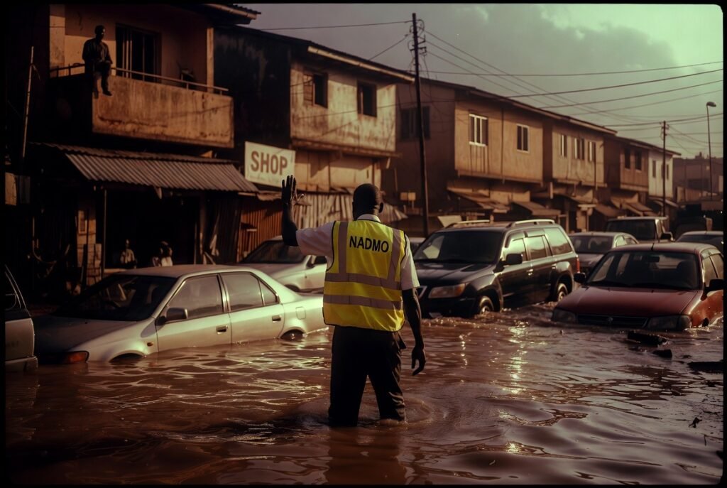 NADMO official directing traffic at flooded Accra intersection during rainy season flooding
