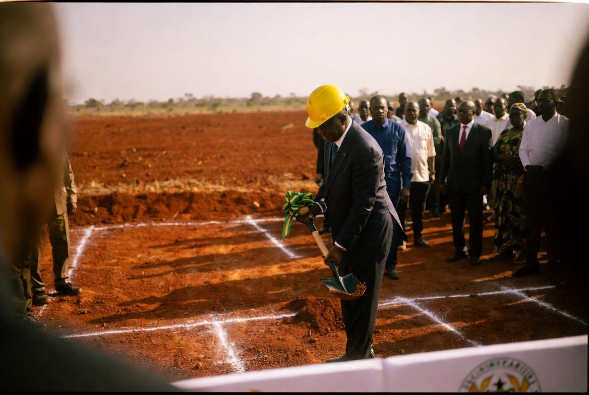 Ghana 24-hour economy sod cutting ceremony official hard hat ceremonial shovel empty land