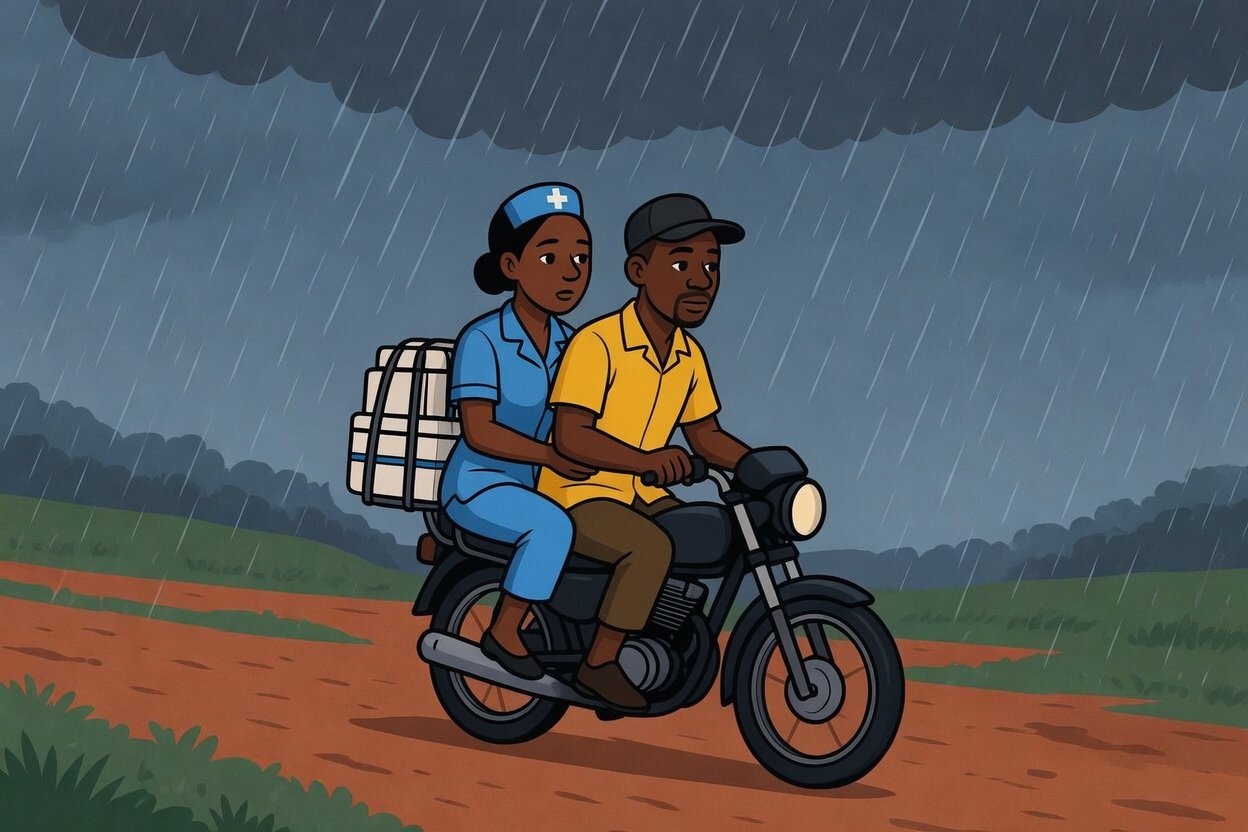 ghana healthcare system nurse motorbike accra geneva mahama satire